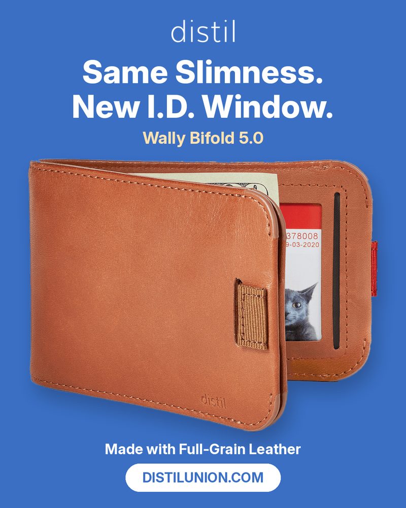 Static 4:5 feed ad for the Distil Union Wally Bifold 5.0: a tan leather wallet on a blue background with the headline 'Same Slimness. New I.D. Window.'